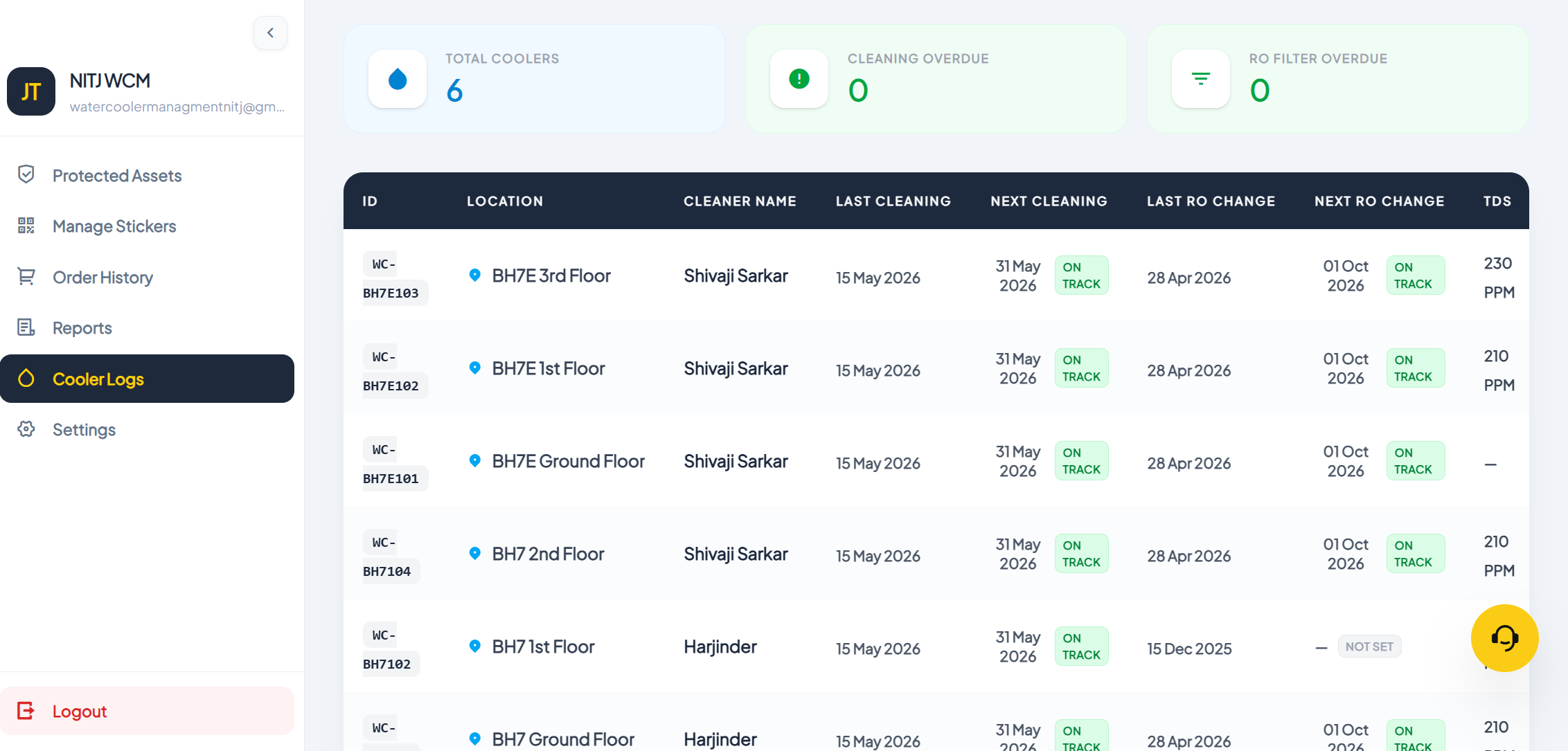 WaterCare Digital Cooler Logs & History
