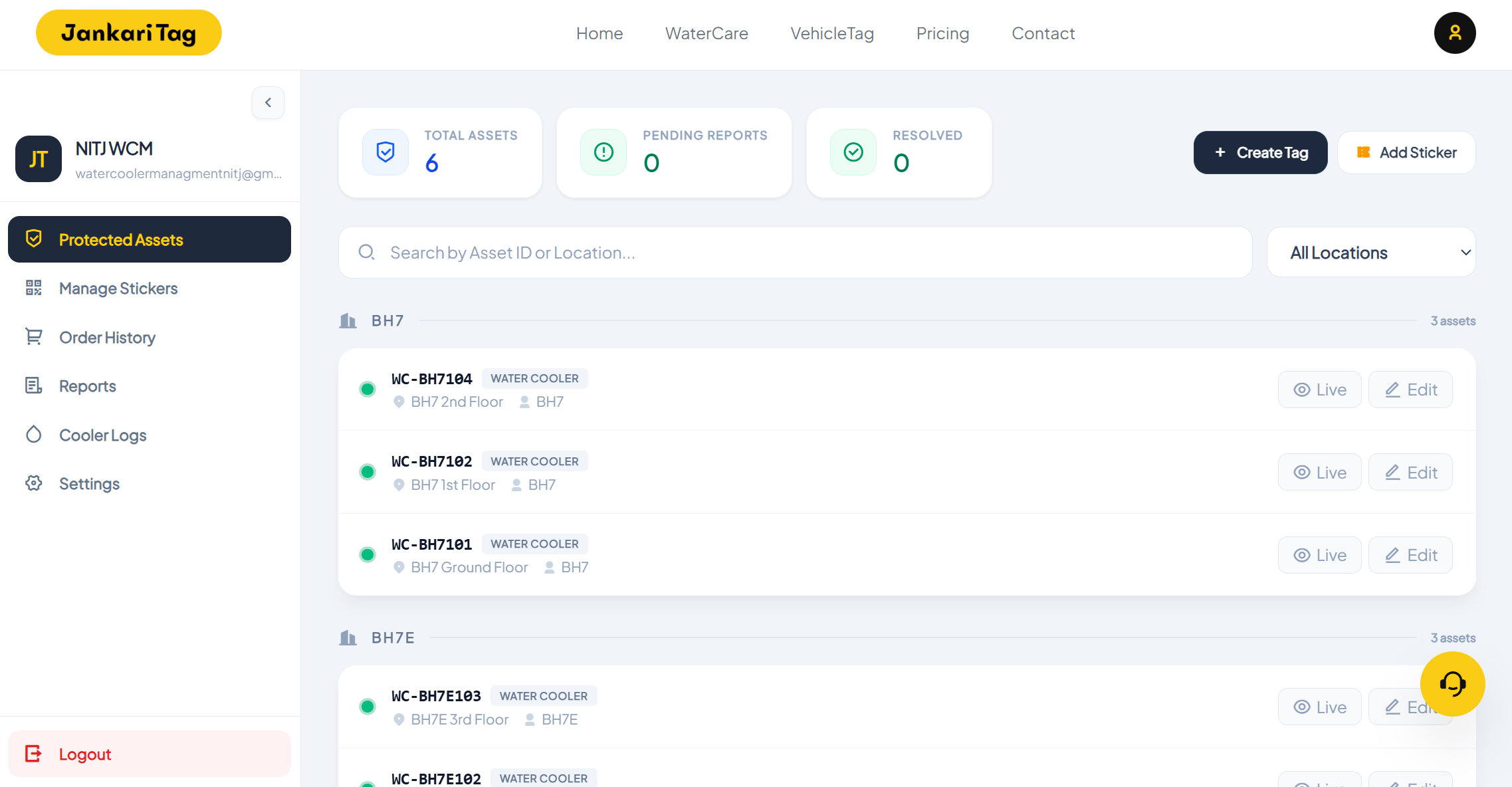 JankariTag WaterCare Admin Dashboard & QR Tag